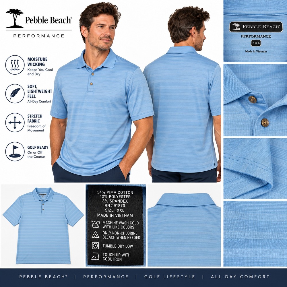 Pebble Beach Performance Men's XXL Light Blue Striped Stretch Golf Polo Shirt